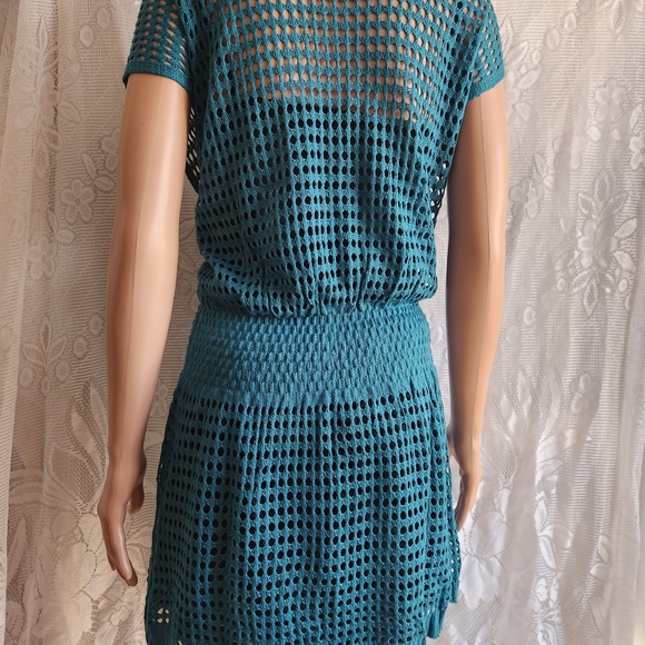 Women’s Teal Crochet Swim Coverup Dress with Button V-Neck - Picture 6 of 6